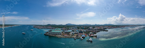 Aerial view partial part of Semporna island with blue ocean and coral reef in Malaysia, Borneo.