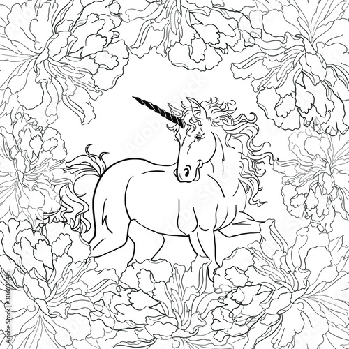 Horse with flowers colouring book vector illustration.