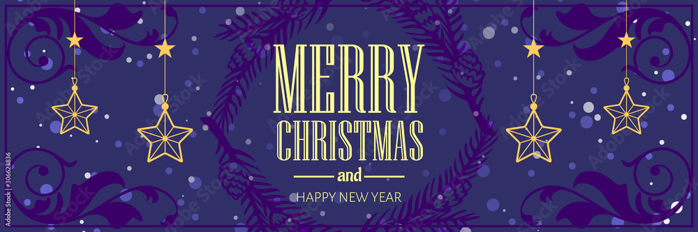 Christmas vintage horizontal banner. Merry Christmas and Happy New Year lettering. Vector illustration.
