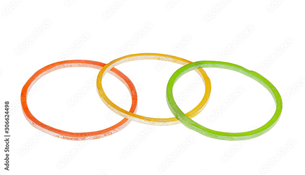 Colorful elastic rubber bands isolated on white background. Clipping path Colorful elastic rubber bands isolated on white background. Clipping path