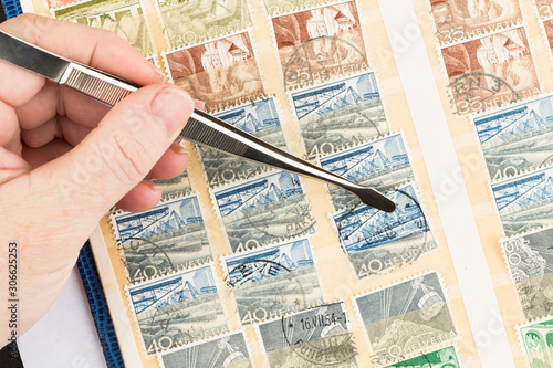 SEATTLE, WASHINGTON - MAY 29, 2019:  Hand holding tongs insets, or  removes, used duplicate  postage stamp  into a stock book