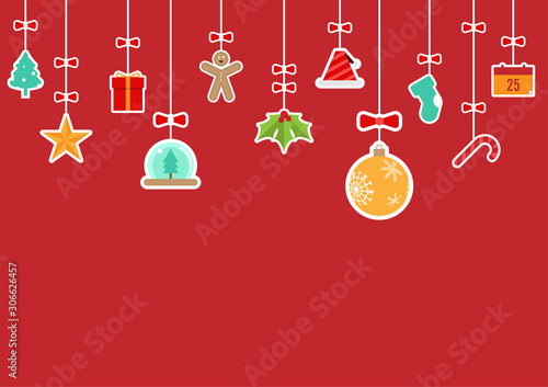 Christmas hanging ornaments decoration on red background  vector illustration. Flat design of Christmas background concept.
