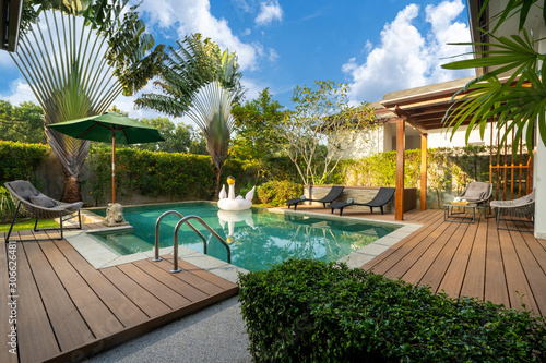 Swimming pool in tropical garden pool villa feature floating balloon