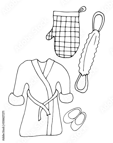 Hand drawn vector illustration in eps 10 bathrobe, washcloth and slippers.