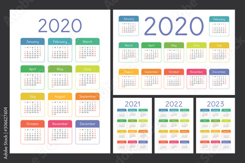 Calendar 2020, 2021, 2022 and 2023. English color vector set. Kid's wall or pocket calender template. Colorful big design collection. New year. Week starts on Sunday