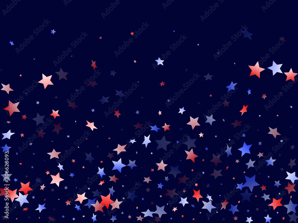 Flying red blue white star sparkles vector american patriotic background.