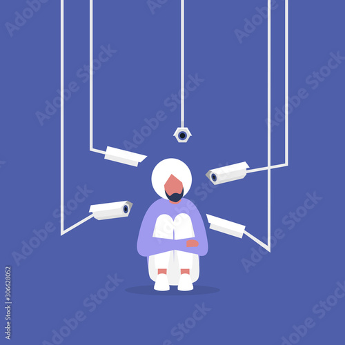 Young crouching indian male character surrounded by CCTV cameras, invasion of privacy with new spying technologies