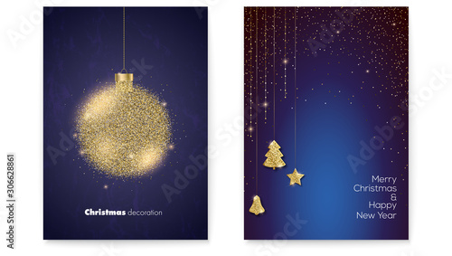 Set of posters for Merry Christmas holidays. Two designs with luxury golden glittering ball, christmas tree, star and bell. Template for design of Christmas greetings. Vector 3d illustration.