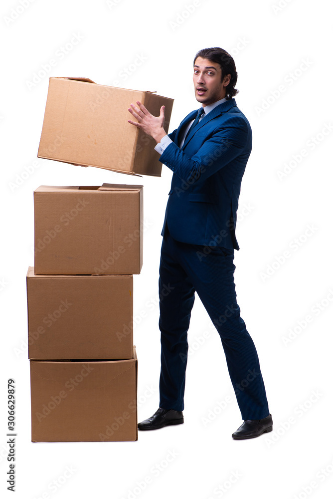 Young male employee with boxes isolated on white Young male employee with boxes isolated on white