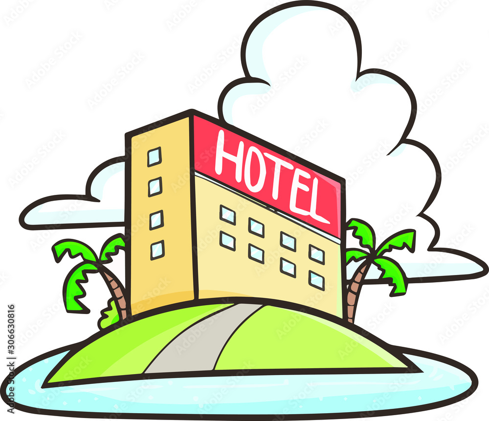 Funny and cool hotel on little island in cartoon style