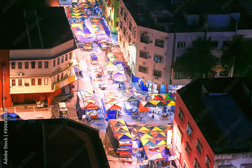 Fototapeta premium Night market street Kuala Lumpur, Malaysia. Top view.