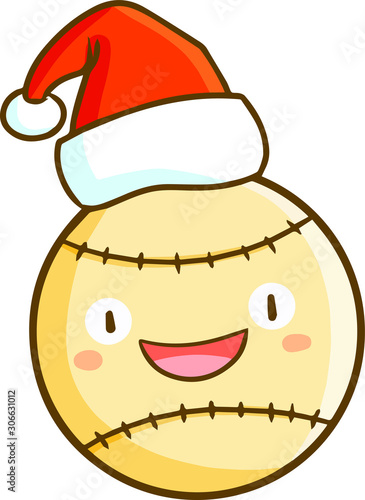 Cute and funny softball ball character laughing and wearing Santa's hat for christmas