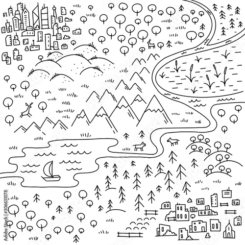 Map of the area. Cartoon city, mountains river and village. Forest hills and sea. Hand drawn sketch vector and black line outline contour.