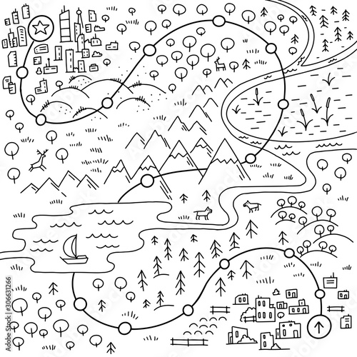 Map of the game. Walk the way. Cartoon city, mountains river and village. Forest hills and sea. Hand drawn sketch vector and black line.