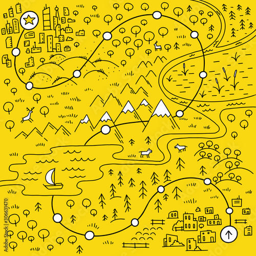 Map of the area. Cartoon city, mountains river and village. Forest hills and sea. Hand drawn sketch vector yellow and black line outline contour.