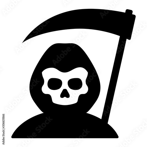 Canvas Print Grim reaper or death with hood and skull wielding a scythe flat simple vector ic