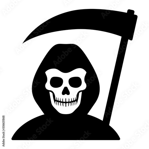 Canvas Print Grim reaper or death with hood and skull wielding a scythe flat vector icon for