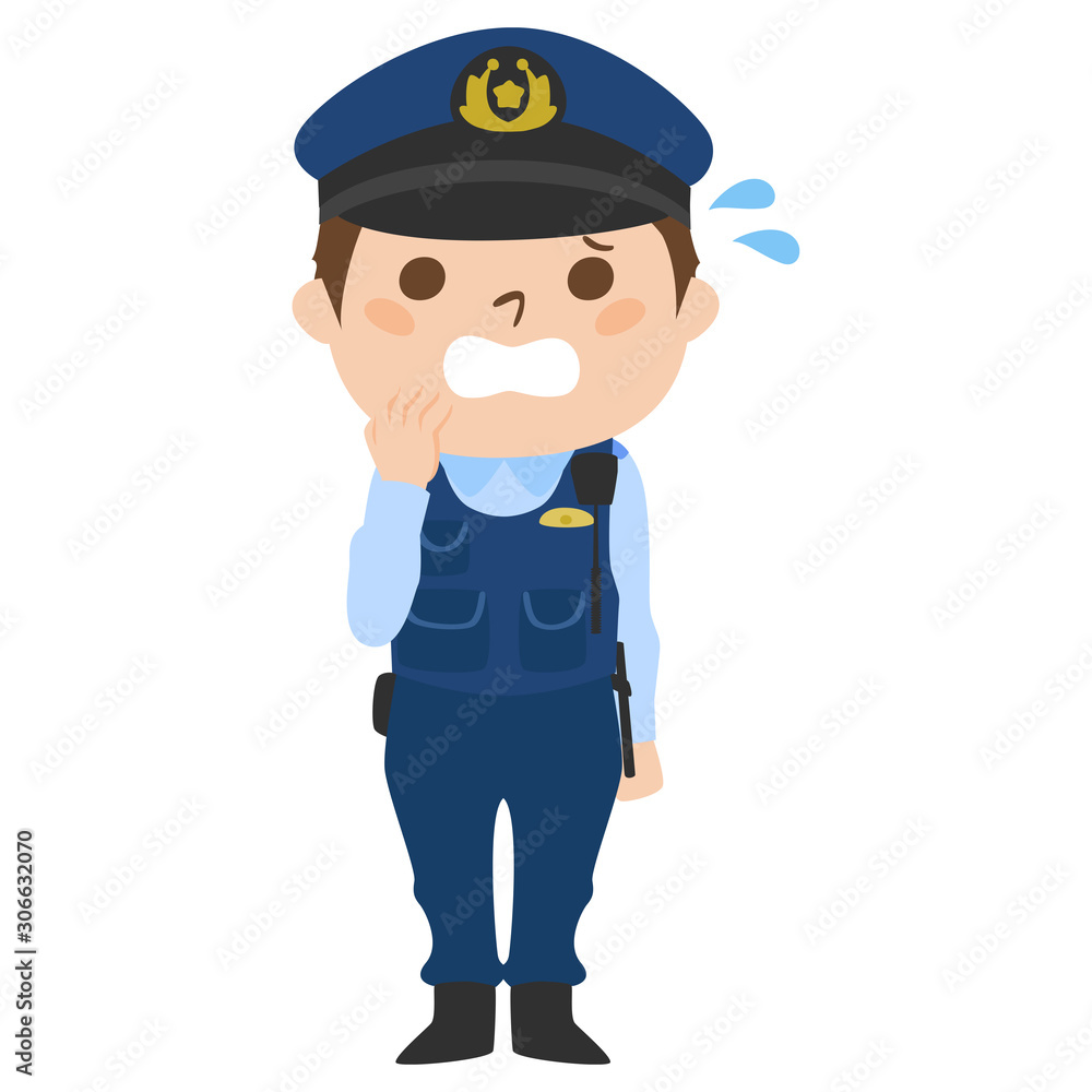 職業別、日本の男性警察官のイラスト。汗をかいて慌てている男性。