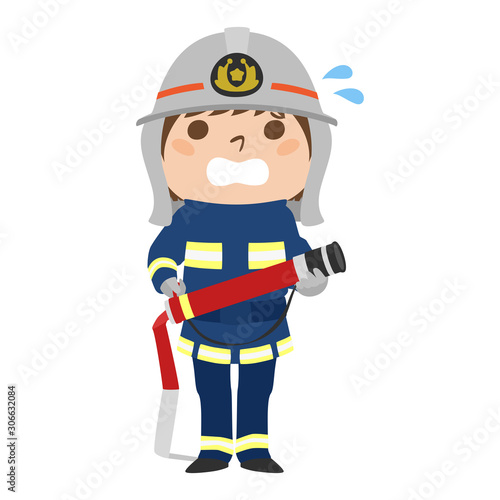 職業別、女性消防士のイラスト。汗をかいて慌てている女性。