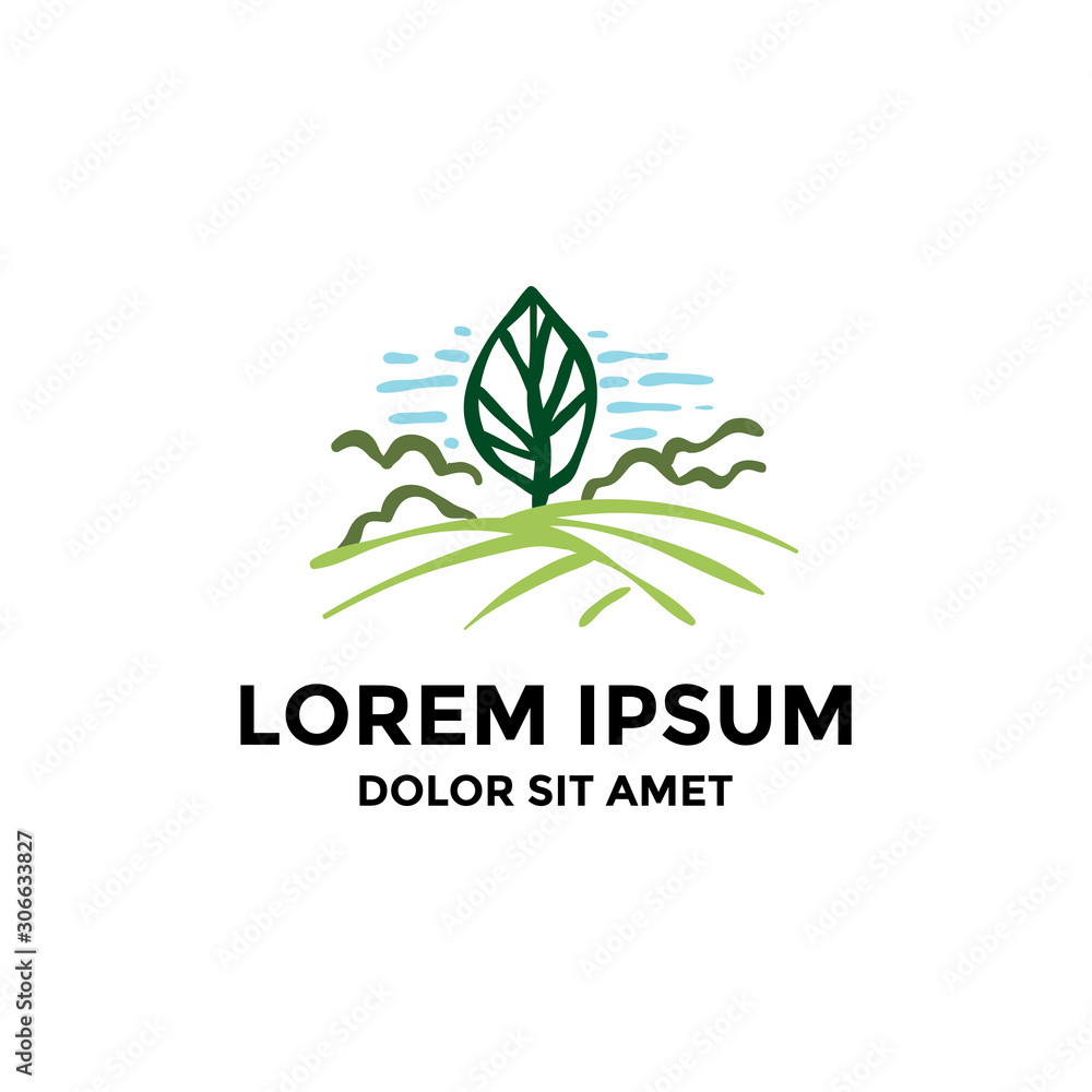 Nature scene with big leaf and crop field around logo design Nature scene with big leaf and crop field around logo design