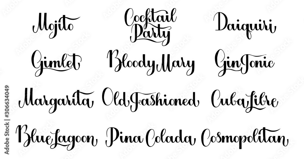 Lettering Cocktail set isolated on white background for print, design ...