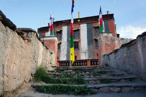 The staircase in front of Tsarang Gompa is a monastery of the Sakya sect, built in 1395. Trekking to the Upper Mustang closed area. Nepal.