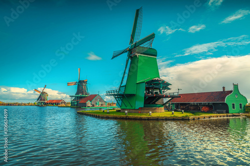 Popular old dutch windmills in Zaanse Schans village, Zaandam, Netherlands