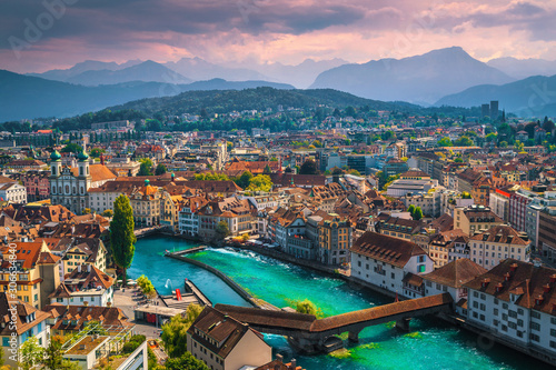 Fototapeta Wonderful Lucerne cityscape with Reuss river and Chapel bridge, Switzerland