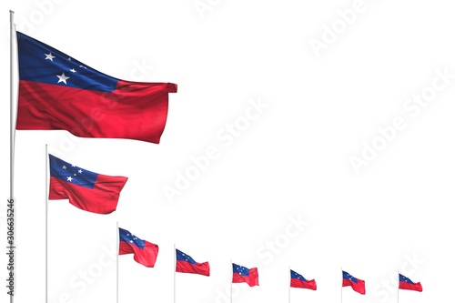 wonderful celebration flag 3d illustration. - many Samoa flags placed diagonal isolated on white with place for content