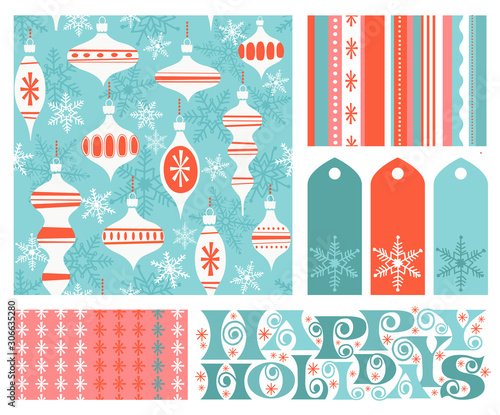 Set of new coordinating holiday seamless patterns, gift tags and design elements for gift wrap, cards and decoration. Simple flat retro style for Christmas and New Years. Vector illustration.