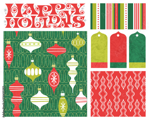 Set of new coordinating holiday seamless patterns, gift tags and design elements for gift wrap, cards and decoration. Simple flat retro style for Christmas and New Years. Vector illustration.