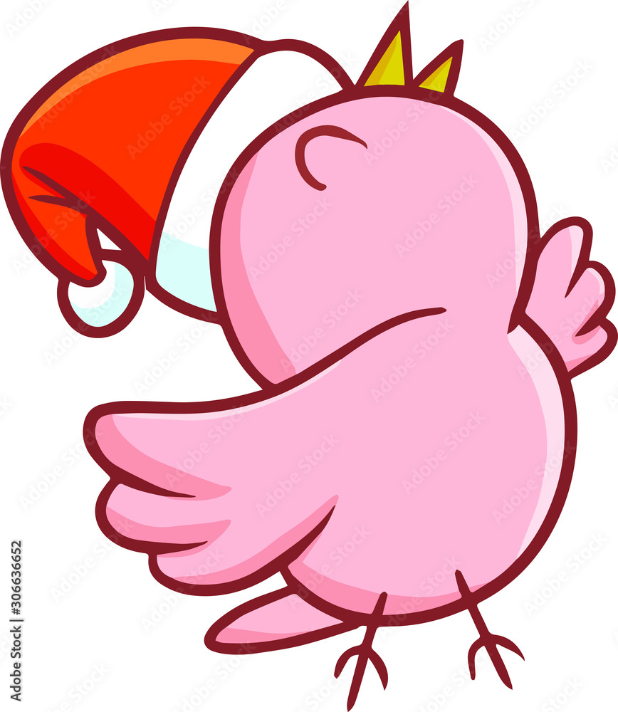 Funny and cute pink bird singing wearing Santa's hat for christmas Funny and cute pink bird singing wearing Santa's hat for christmas