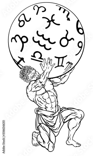 Atlas the titan from Greek mythology sentenced by the gods to hold up the heavens represented by star zodiac signs