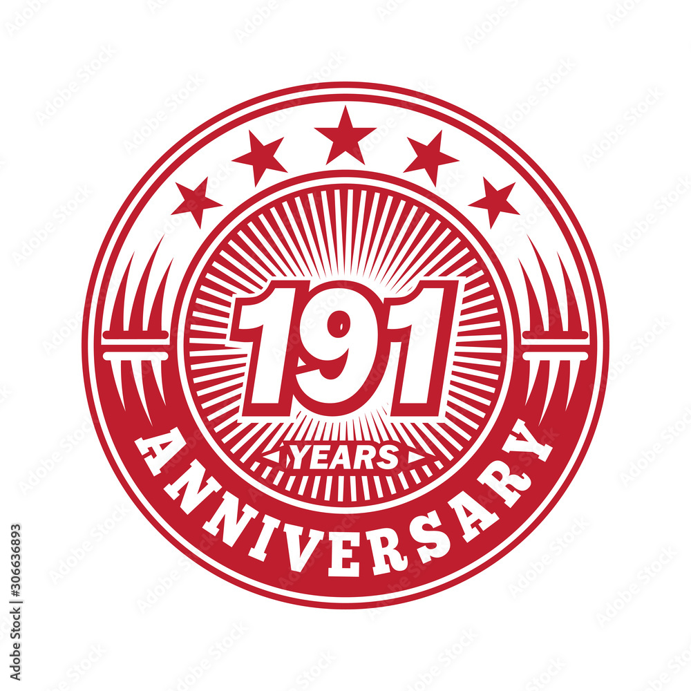  191 years logo. One hundred ninety one years anniversary celebration logo design. Vector and illustration.