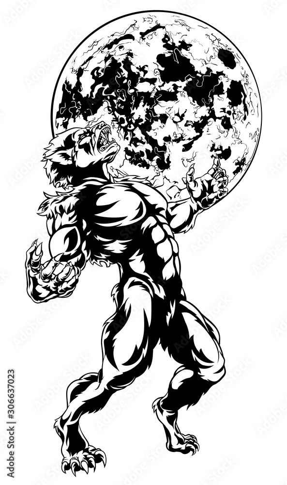 Fototapeta premium Werewolf scary wolf man horror monster howling at the full moon