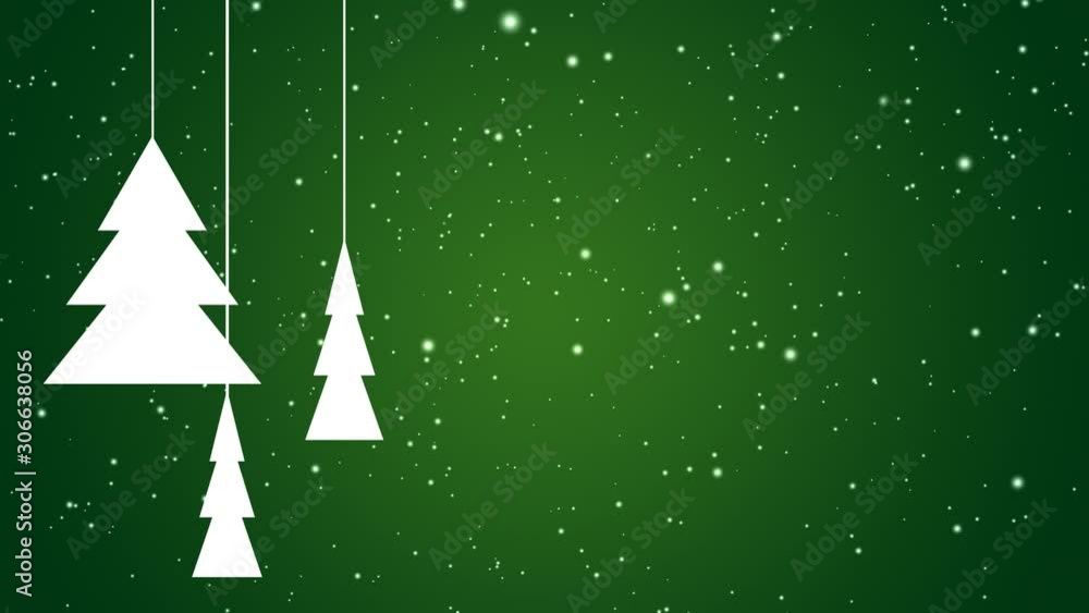 White abstract christmas fir trees slowly rotating on falling down snow background over green gradient - christmas, winter or new year template, loopable