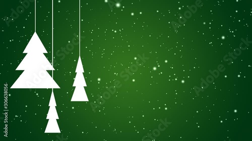 White abstract christmas fir trees slowly rotating on falling down snow background over green gradient - christmas, winter or new year template, loopable