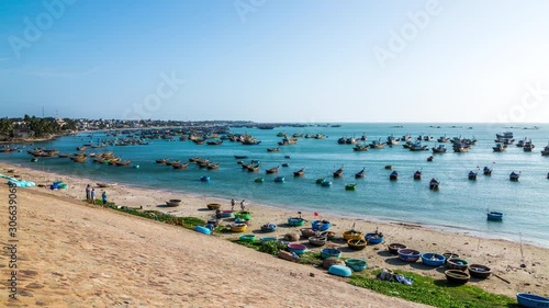 Hundred of Vietnamese fishing boats anchored at sea, Mui Ne, Vietnam time lapse photo