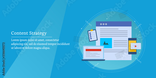 Content strategy, marketing planning, digital media content, web content technology for online business concept. Flat design web banner template.