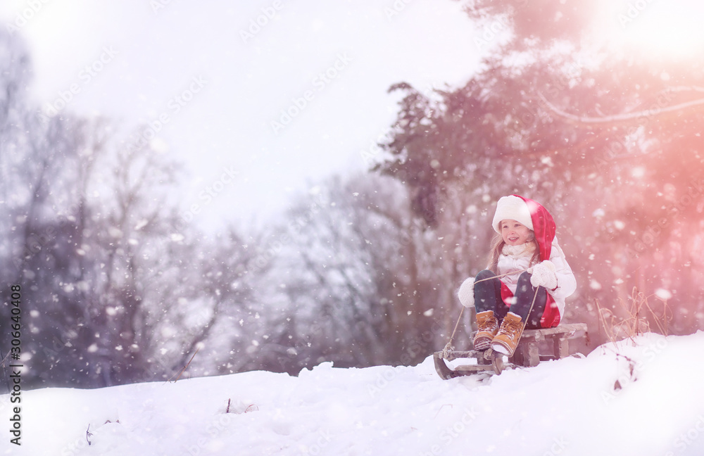 A winter fairy tale,in the forest. A girl on a sled with gifts on the eve of the new year in the park. Two sisters walk in a New Year's park and ride a sled with gifts. A winter fairy tale,in the forest. A girl on a sled with gifts on the eve of the new year in the park. Two sisters walk in a New Year's park and ride a sled with gifts.