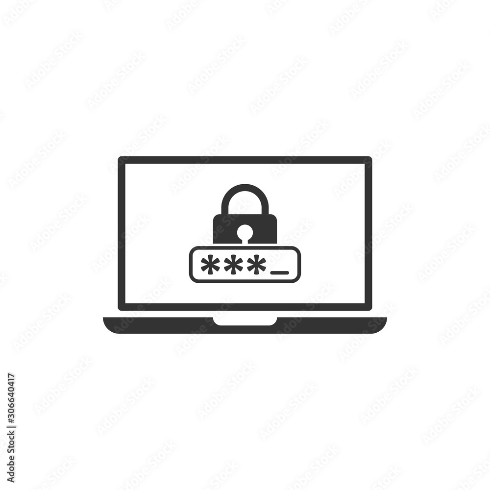 Laptop with password icon in flat style. Computer access vector illustration on white isolated background. Padlock entry business concept. Laptop with password icon in flat style. Computer access vector illustration on white isolated background. Padlock entry business concept.