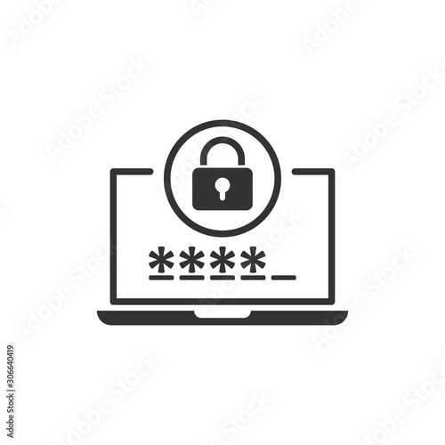 Laptop with password icon in flat style. Computer access vector illustration on white isolated background. Padlock entry business concept.
