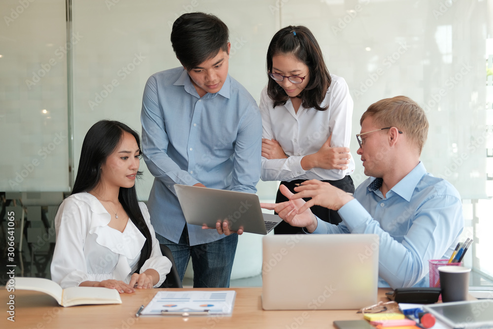 business people discussing on performance revenue in meeting. businessman working with businesswoman. business people discussing on performance revenue in meeting. businessman working with businesswoman.