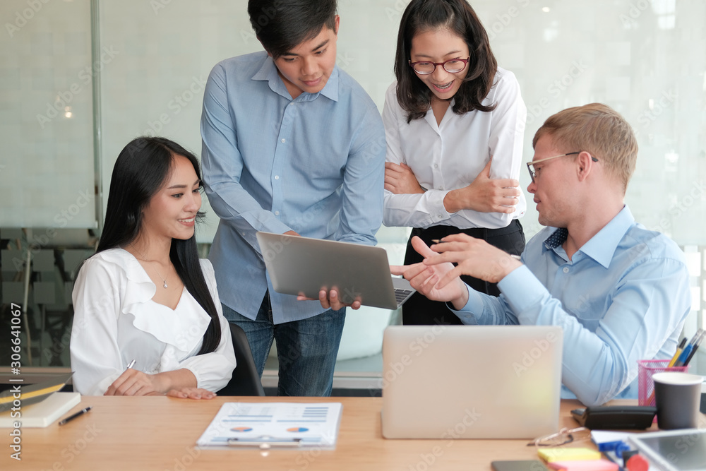 business people discussing on performance revenue in meeting. businessman working with businesswoman.