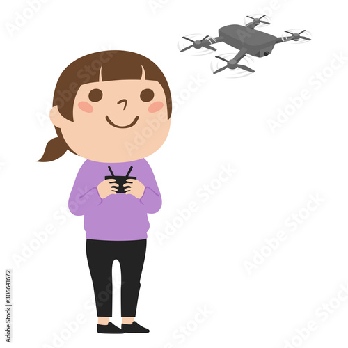 ドローンを操縦している女性のイラスト。空中でホバリングしているドローン。