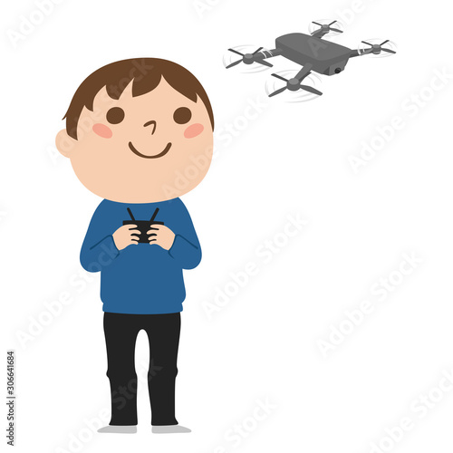 ドローンを操縦している男性のイラスト。空中でホバリングしているドローン。