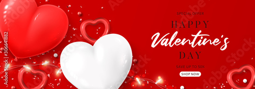 Promo banner for Valentine's Day sale. Vector illustration with realistic air balloons, sparkling light garland, red hearts and confetti on red background. Promo discount banner.