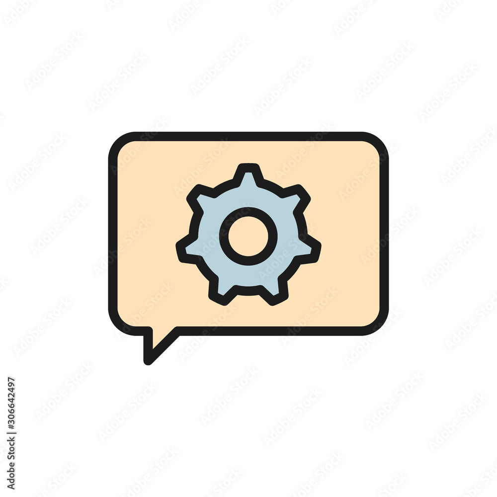 Message with gear wheel, faq, technical assistance flat color icon. Message with gear wheel, faq, technical assistance flat color icon.