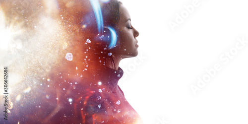 Portrait Of Woman In Headphones Listening Music With Closed Eyes Double Exposure Of Female Face And Light Flare Isolated On White Background Digital Art Blue Neon Light Free Space For Text Stock