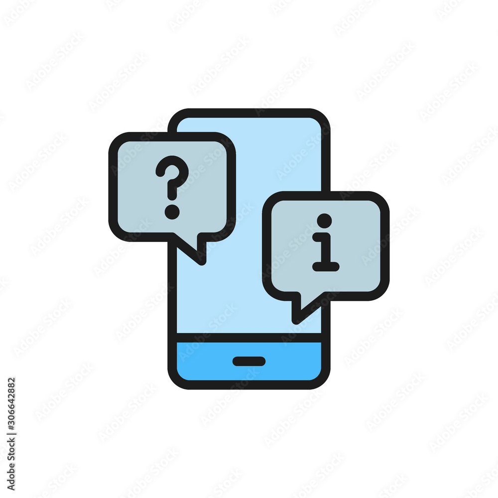 Smartphone with chat cloud, faq and answers flat color icon. Smartphone with chat cloud, faq and answers flat color icon.